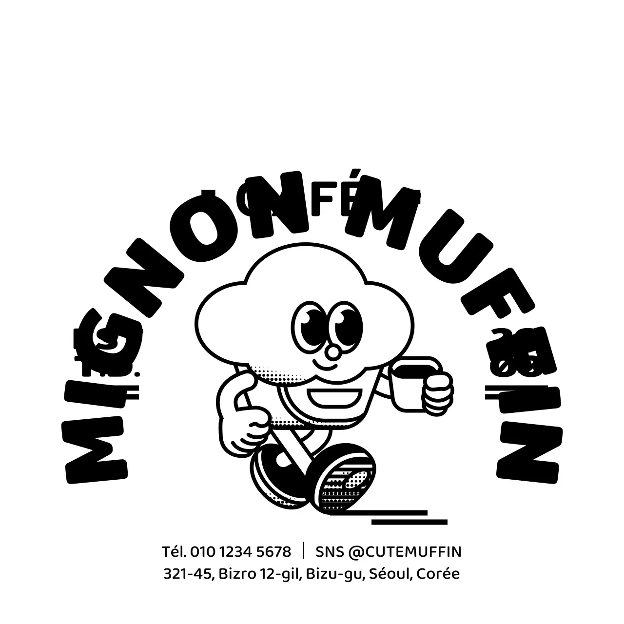 Logo illustré d'un personnage de cupcake pour la promotion et l'information dans les cafés.