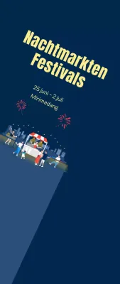 De bevordering klein van het nachtmarktfestival met vuurwerk op marineblauwe achtergrond