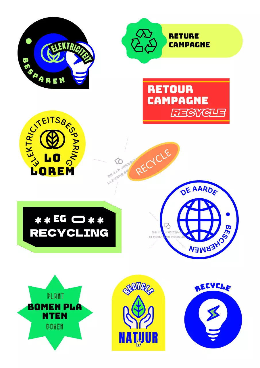 Een retro-geïnspireerde milieusticker met kleurrijke tekst en geïllustreerde vormen.