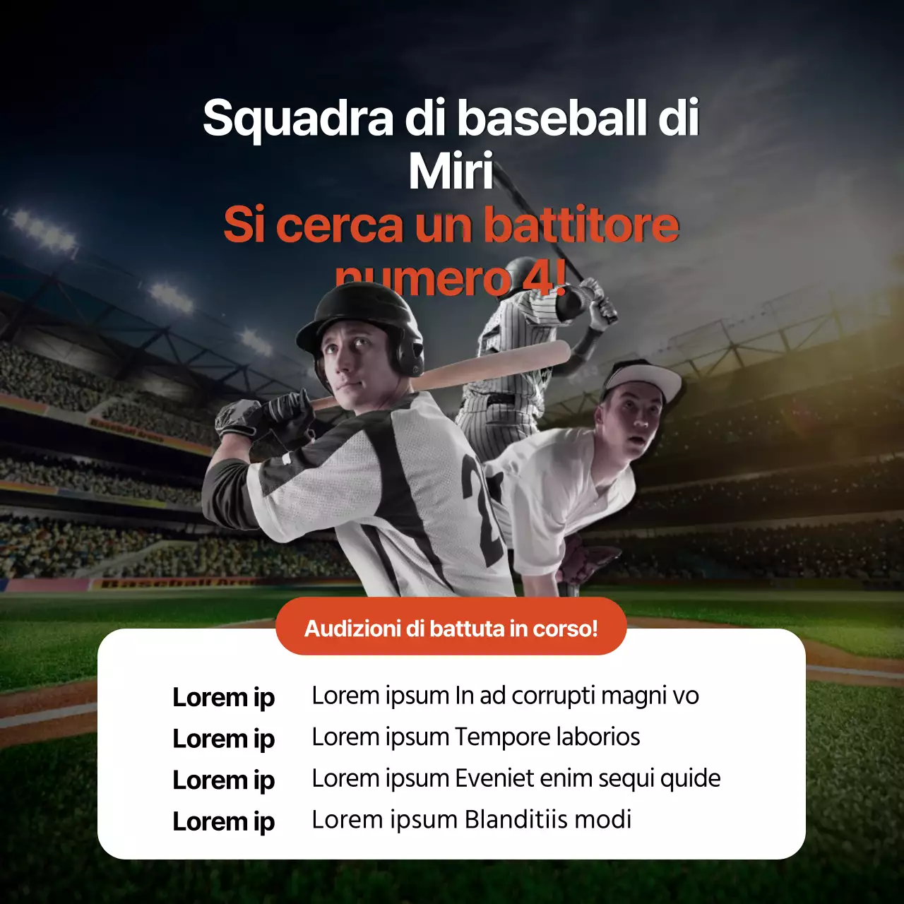 Si cercano battitori per una squadra di baseball sociale bianca e rossa alla moda.