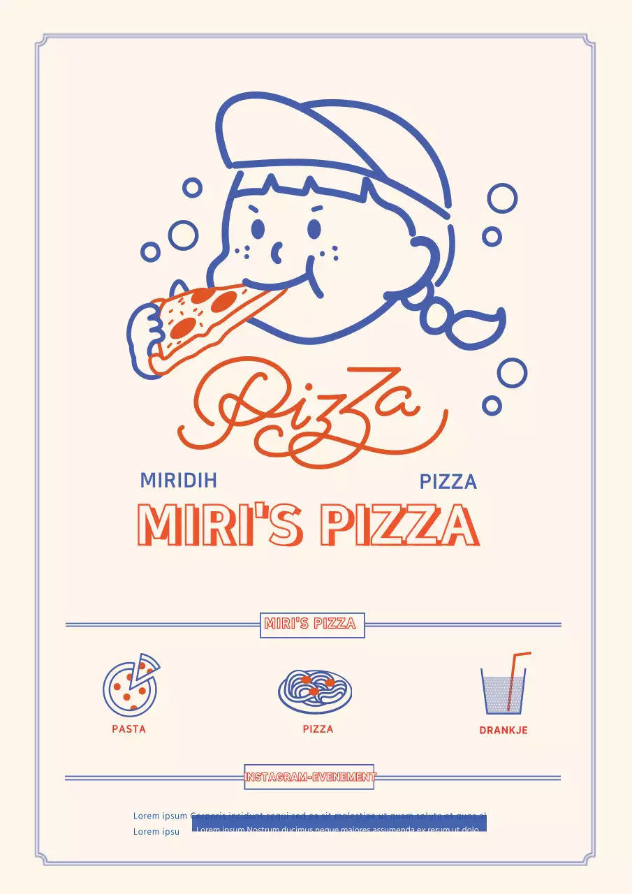 Schattige blauwe en rode karakterillustratie pizzeria flyer