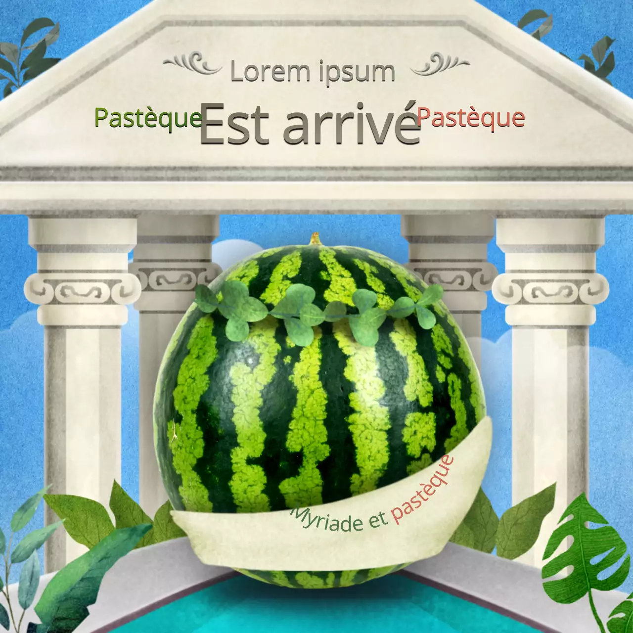 Promouvoir les fruits de saison d'été avec un concept de temple illustré à l'aquarelle
