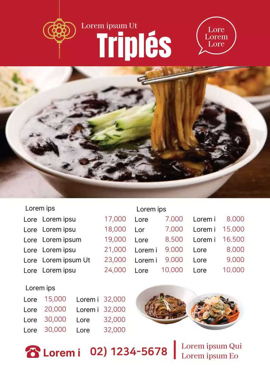 La photo rouge met en valeur le menu chinois d'un restaurant propre