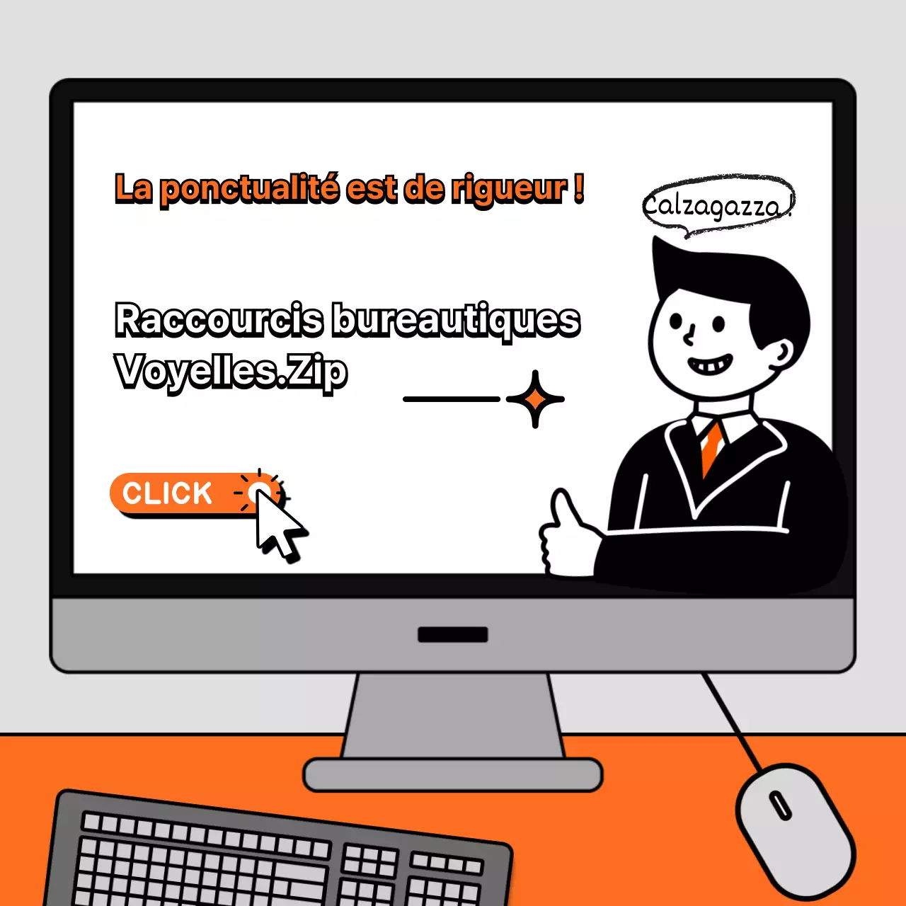 Une collection de raccourcis bureautiques avec un concept illustré orange et gris.