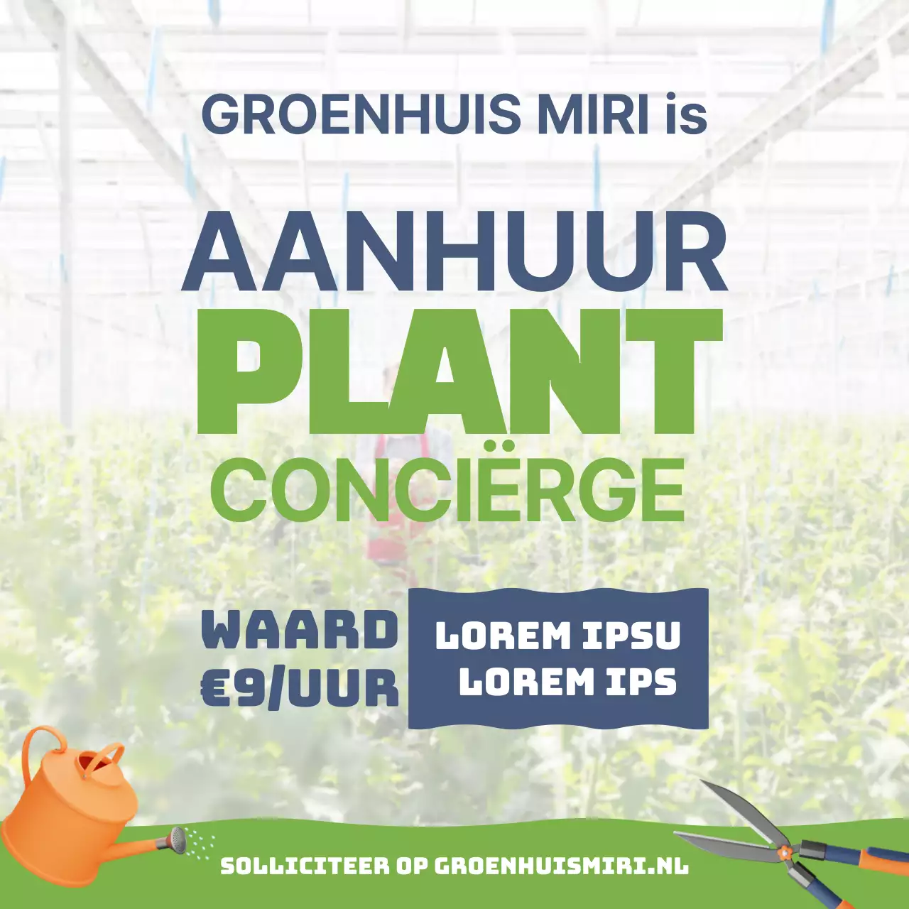 Een strakke personeelsvacature met een tuinachtergrond en licht marineblauwe tekst V2