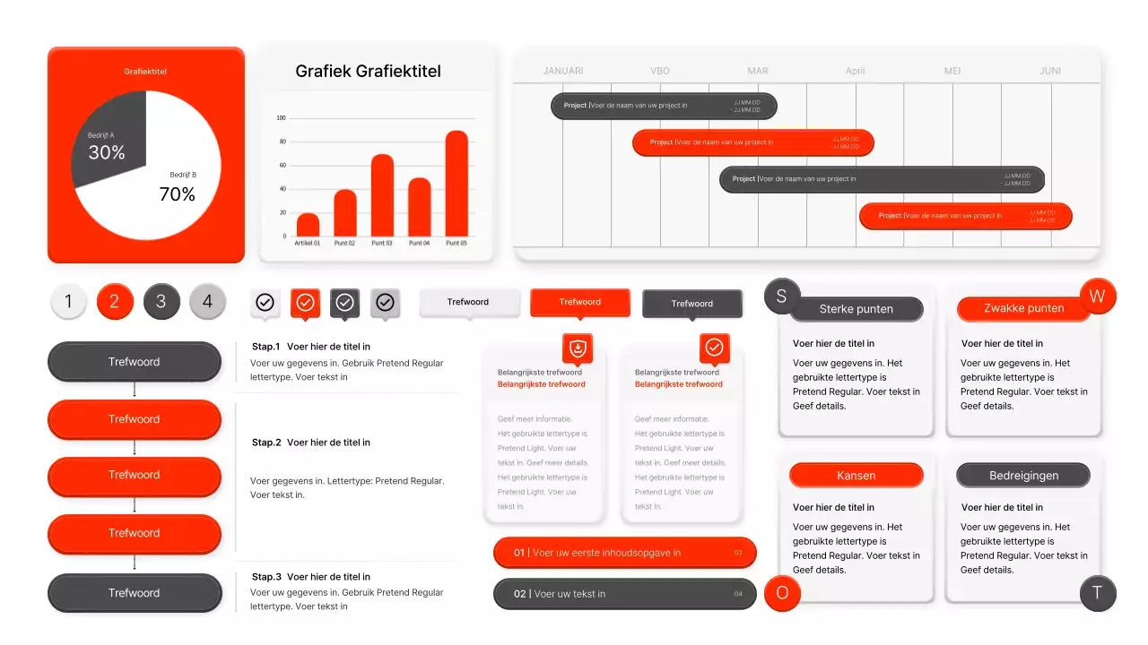 Een driedimensionale UX UI-stijlkit in rood en donkergrijs