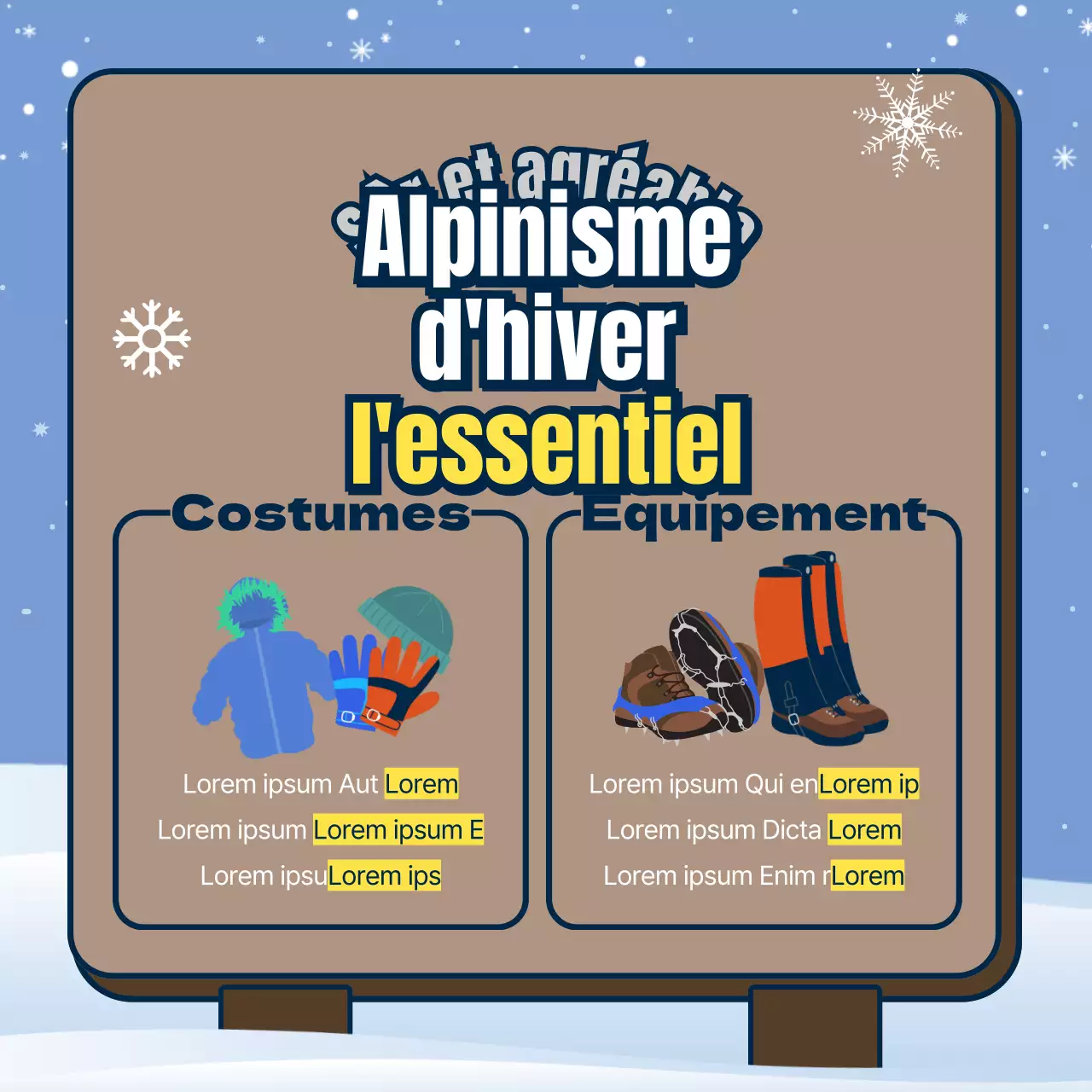 Sécurité en montagne en hiver avec des panneaux de couleur marron et bleu clair