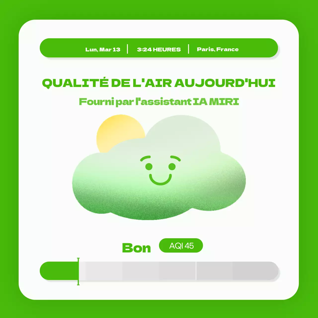 Des illustrations simples en vert et en rouge pour vous alerter sur les niveaux de poussières fines du jour.
