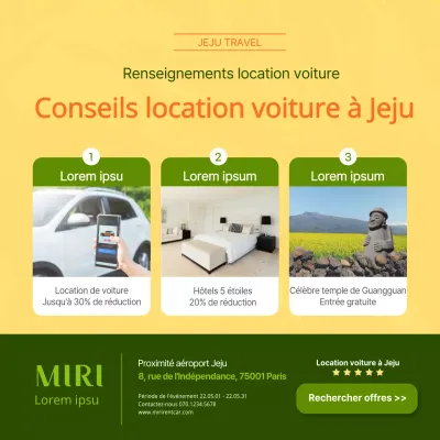 Une palette de couleurs simples, jaune et vert, pour promouvoir les réductions sur les locations de voitures sur l'île de Jeju.