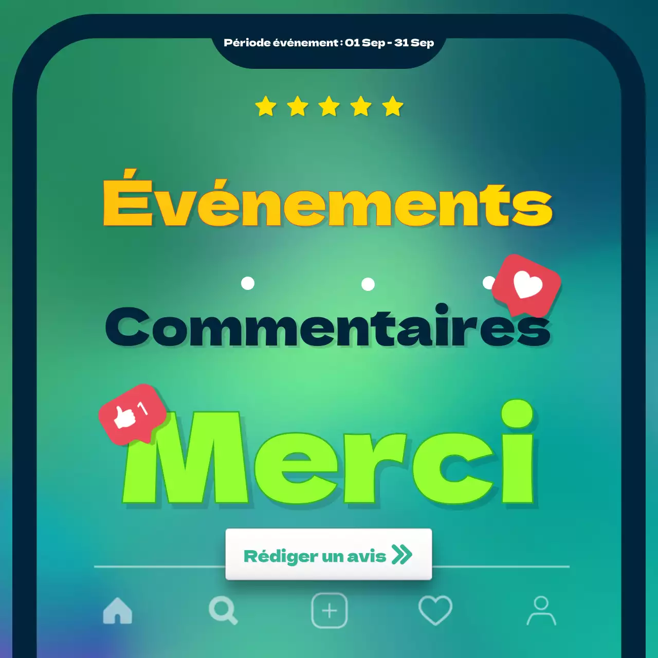 Revoir les carrés des médias sociaux pour la promotion de l'événement avec une nouvelle palette de couleurs vertes et jaunes, en mettant l'accent sur les titres.