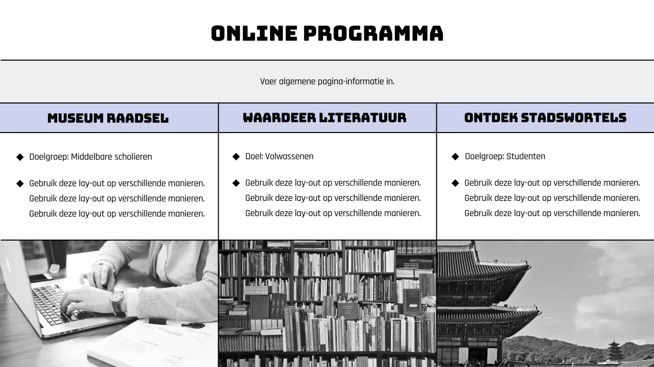 Een modern museumprogramma plannen in zwart en paars