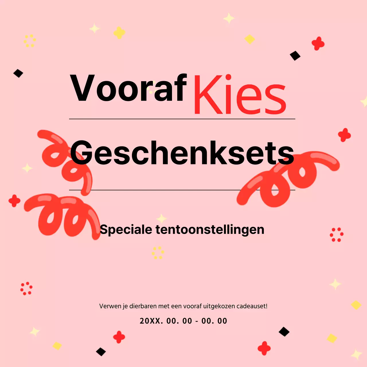 Promoot de verkoop van een cadeauset met kitscherige, schattige typografie en patronen in roze en zwart.