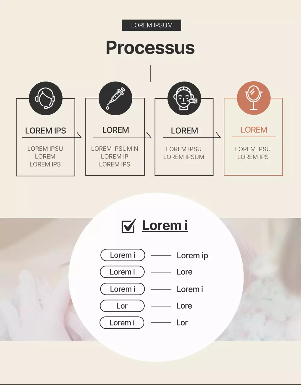 Publicité promouvant les procédures cosmétiques dermatologiques en brun et noir.