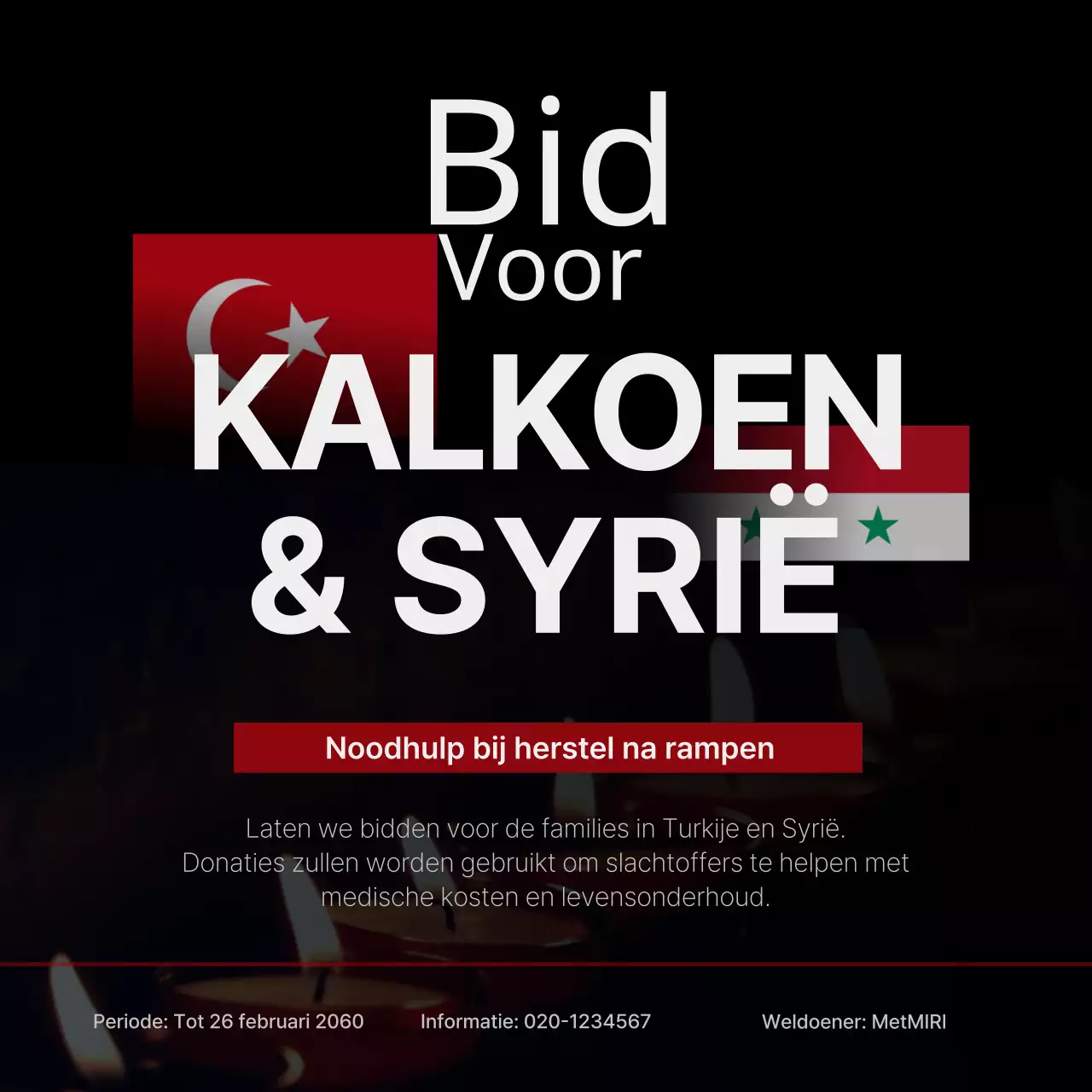 Noodhulp voor herstel van rampschade met kaarslicht en nationale vlaggen in de schijnwerpers