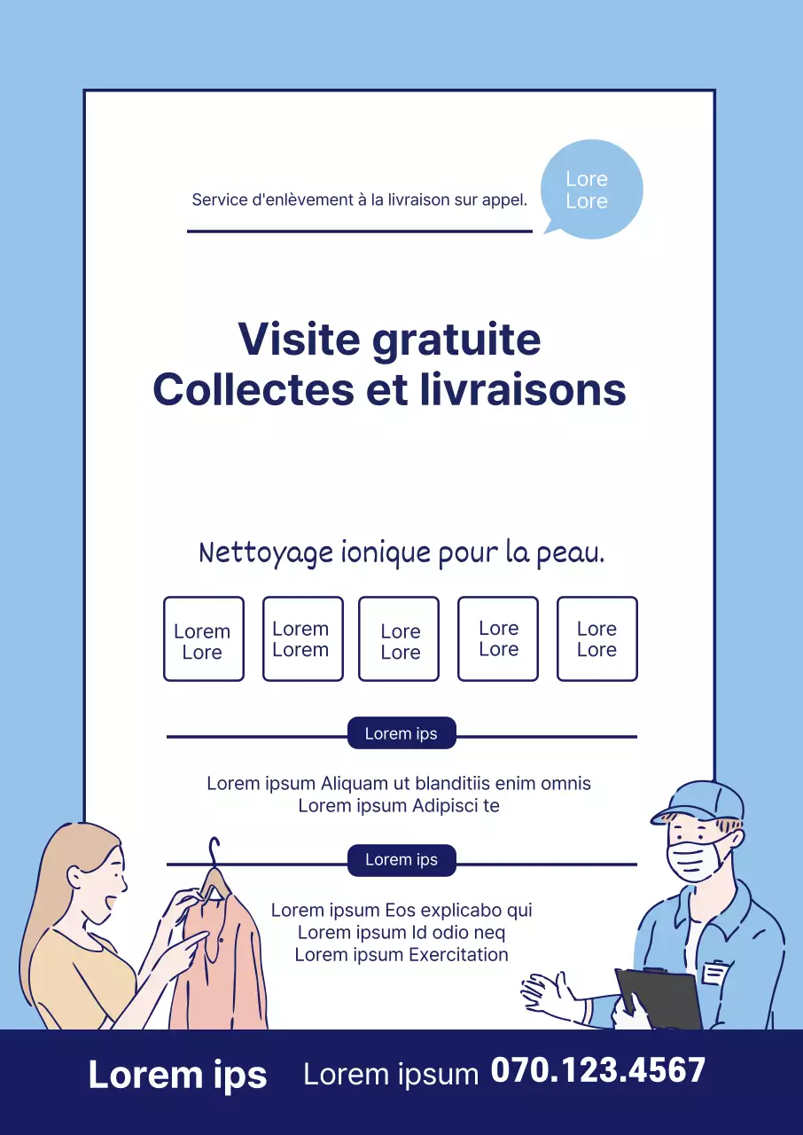 Illustration en bleu, nettoyage de laverie automatique, livraison, promotion