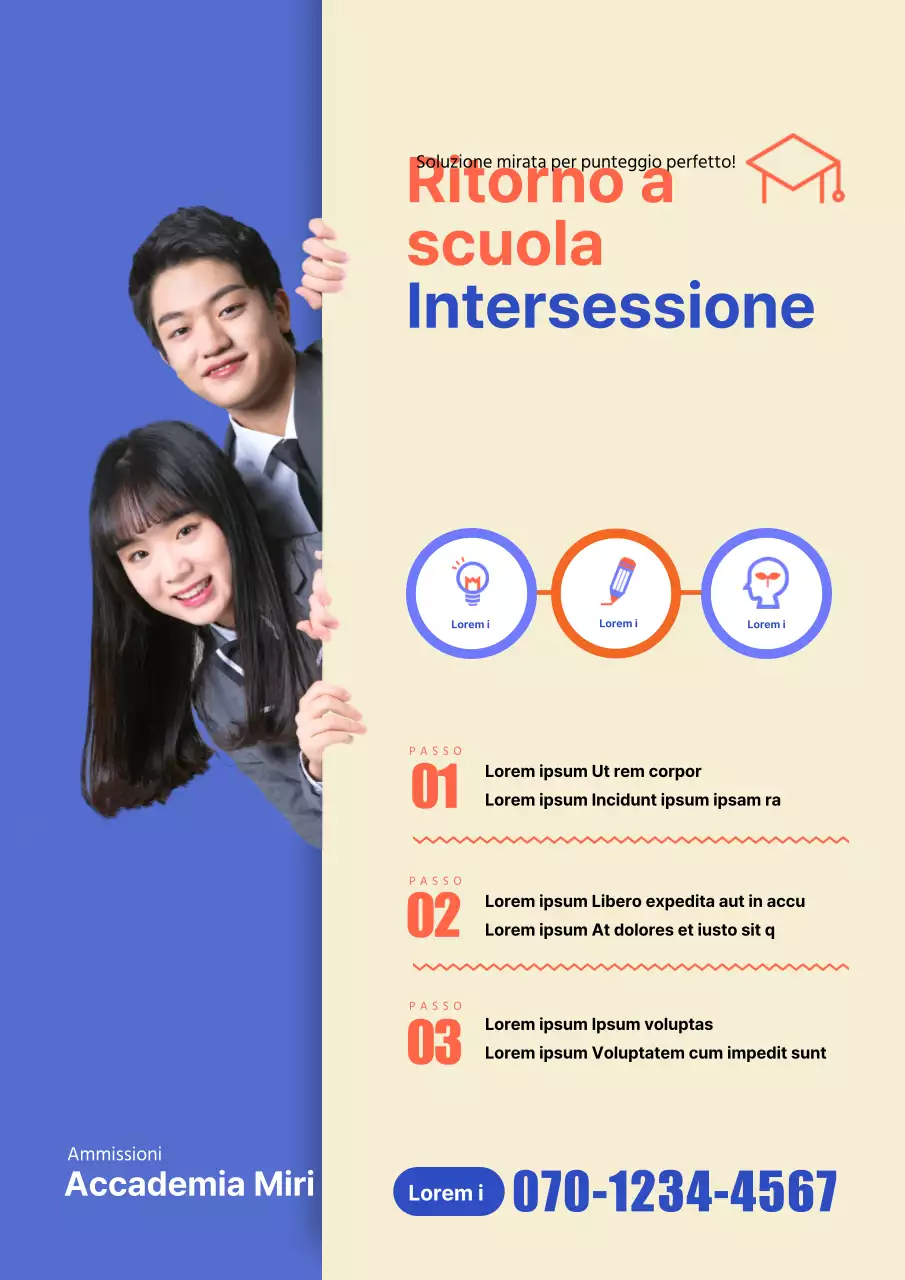 Materiale promozionale per il nuovo anno accademico di una scuola specializzata per studenti delle scuole medie inferiori con foto di studenti in blu e arancione.