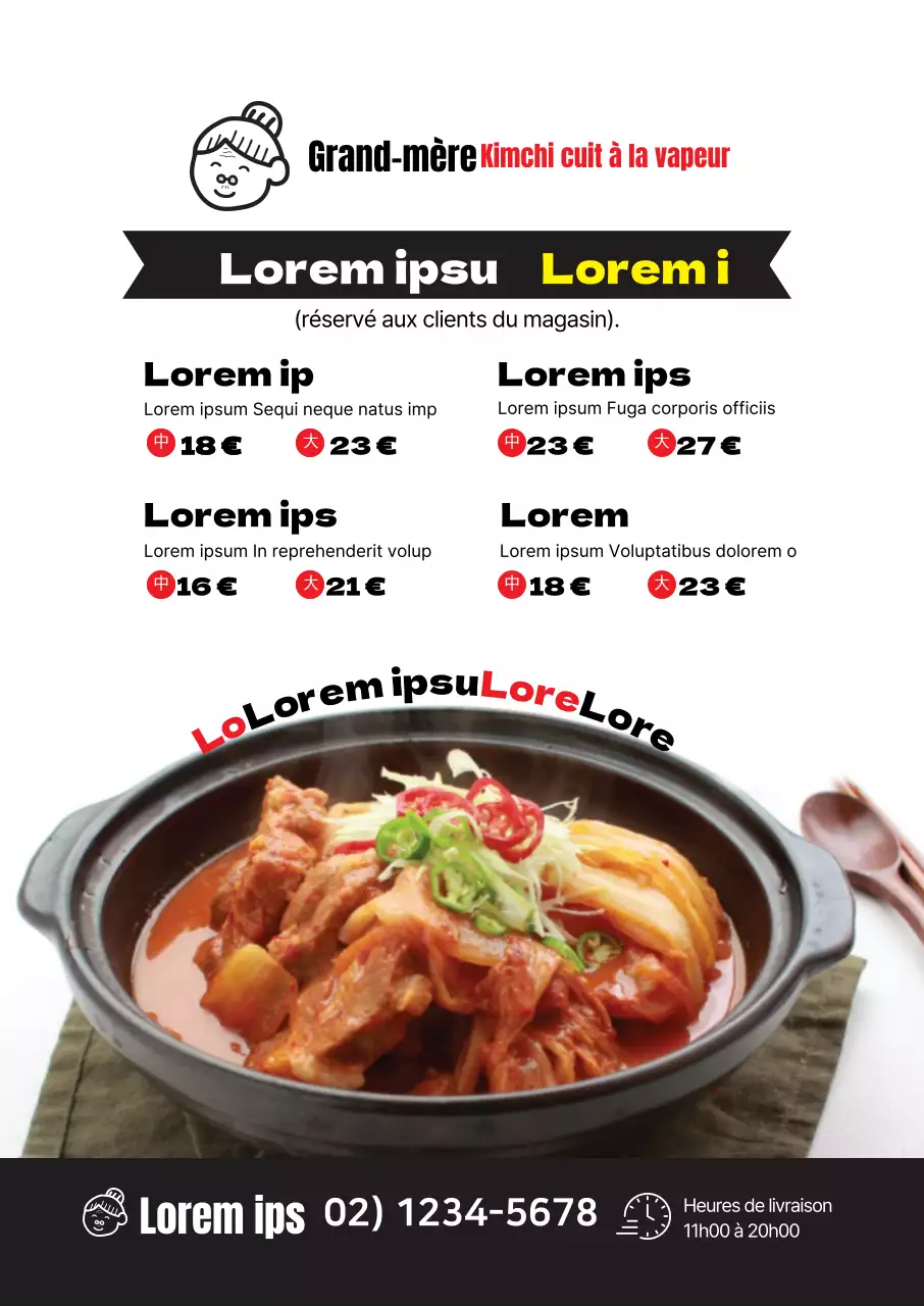 Menu de ragoût de kimchi dans ce restaurant propre, blanc et riche en photos.