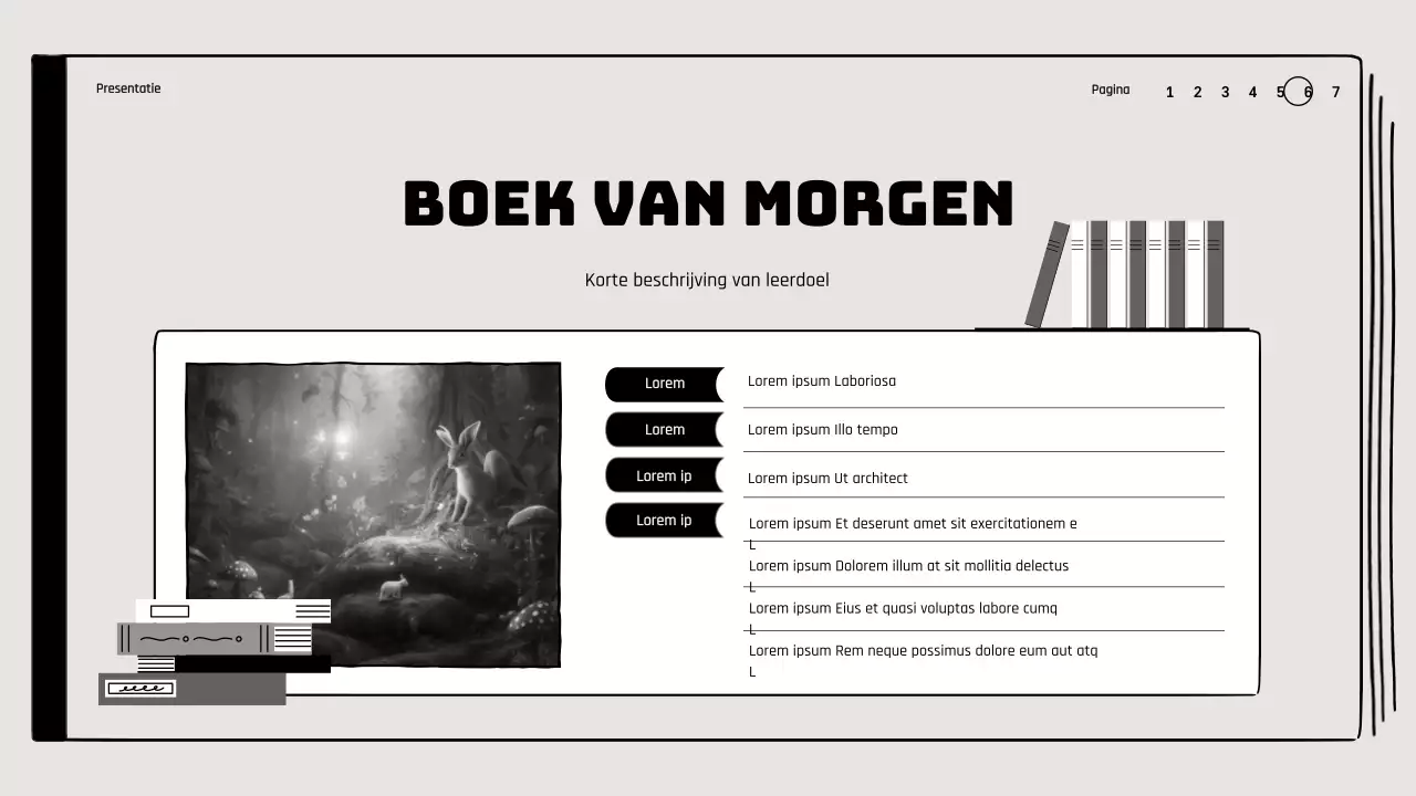 Boekbespreking in klaslokaal met illustraties van tekeningen in beige en zwart