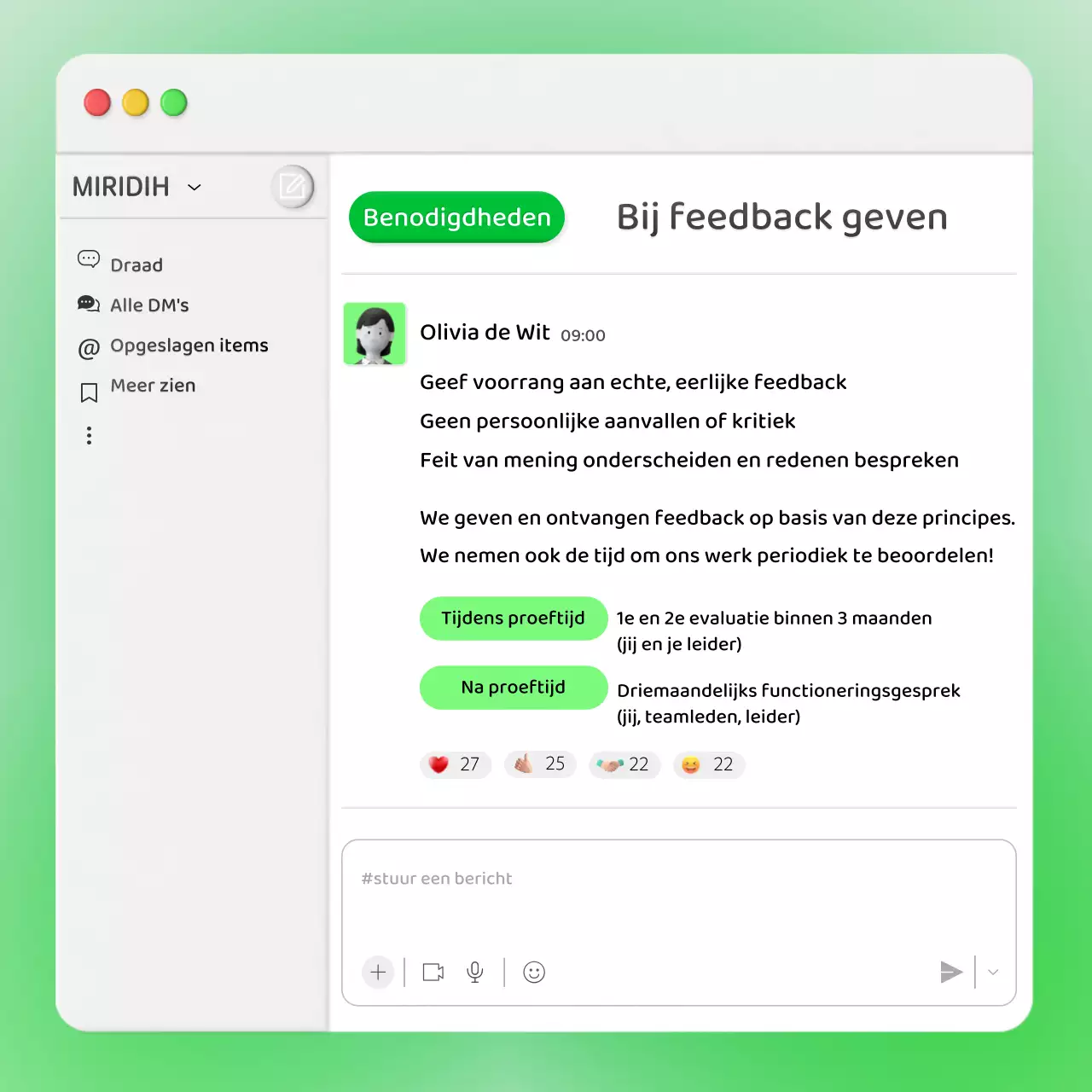 Zakelijke feedback op een neongroen intern chatvensterconcept