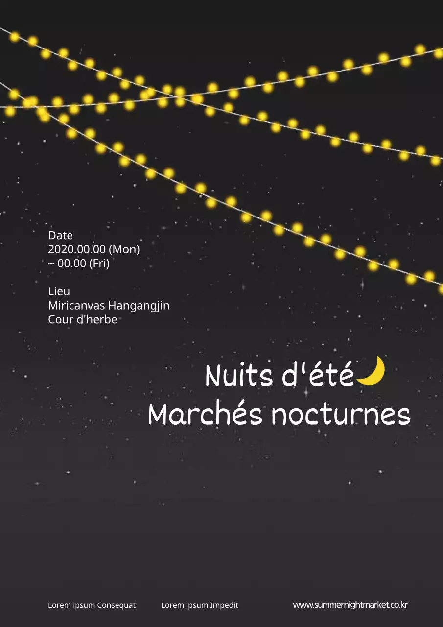 Promouvoir un marché nocturne avec une illustration jaune et blanche d'une ampoule dans le ciel nocturne