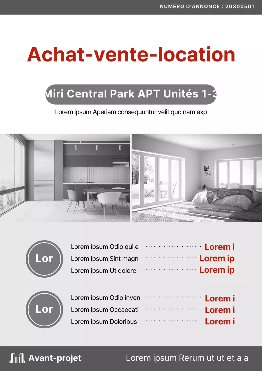 Document d'annonce pour la vente d'un appartement dans le secteur de l'immobilier en couleurs grise et rouge