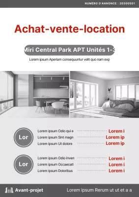 Document d'annonce pour la vente d'un appartement dans le secteur de l'immobilier en couleurs grise et rouge