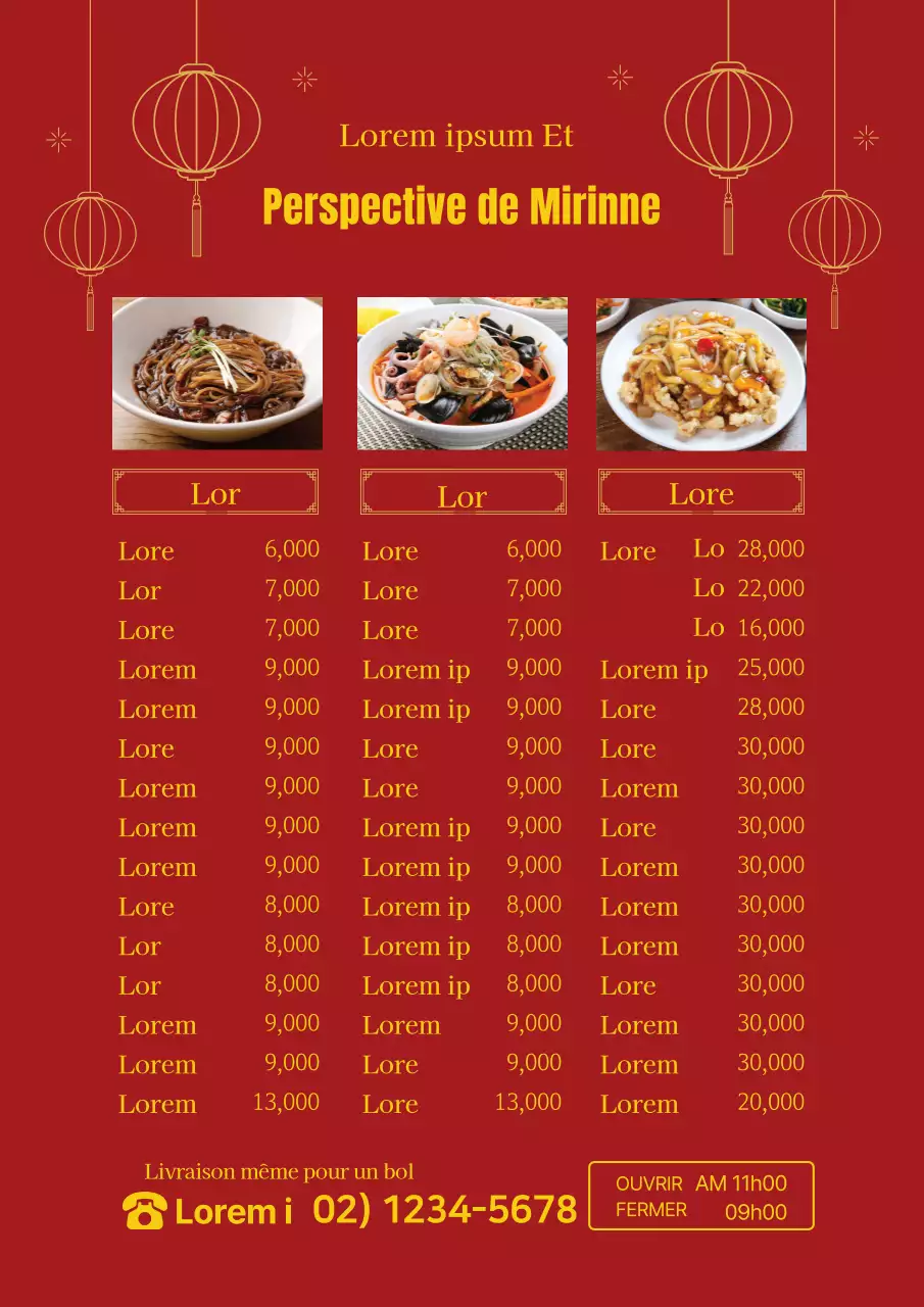 Une photo rouge met en valeur le menu chinois du restaurant oriental