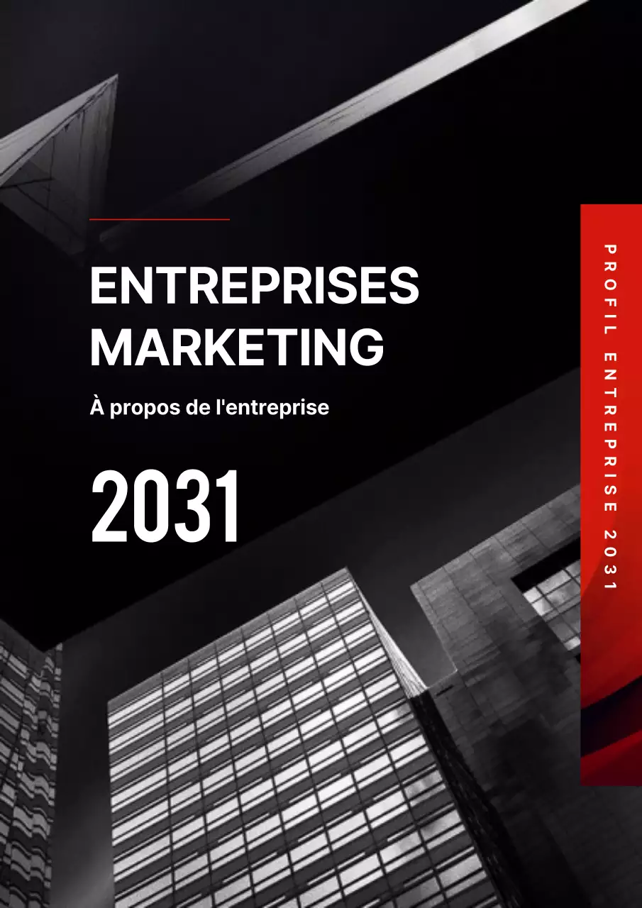 Modèle de document vertical de profil d'entreprise inspiré d'un bâtiment urbain rouge et noir