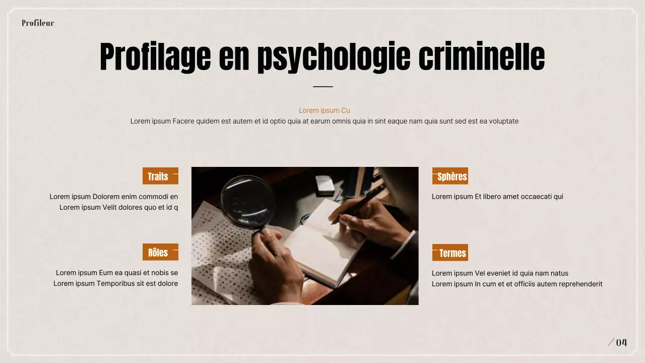 Présentation sur le profilage psychologique criminel en noir et beige