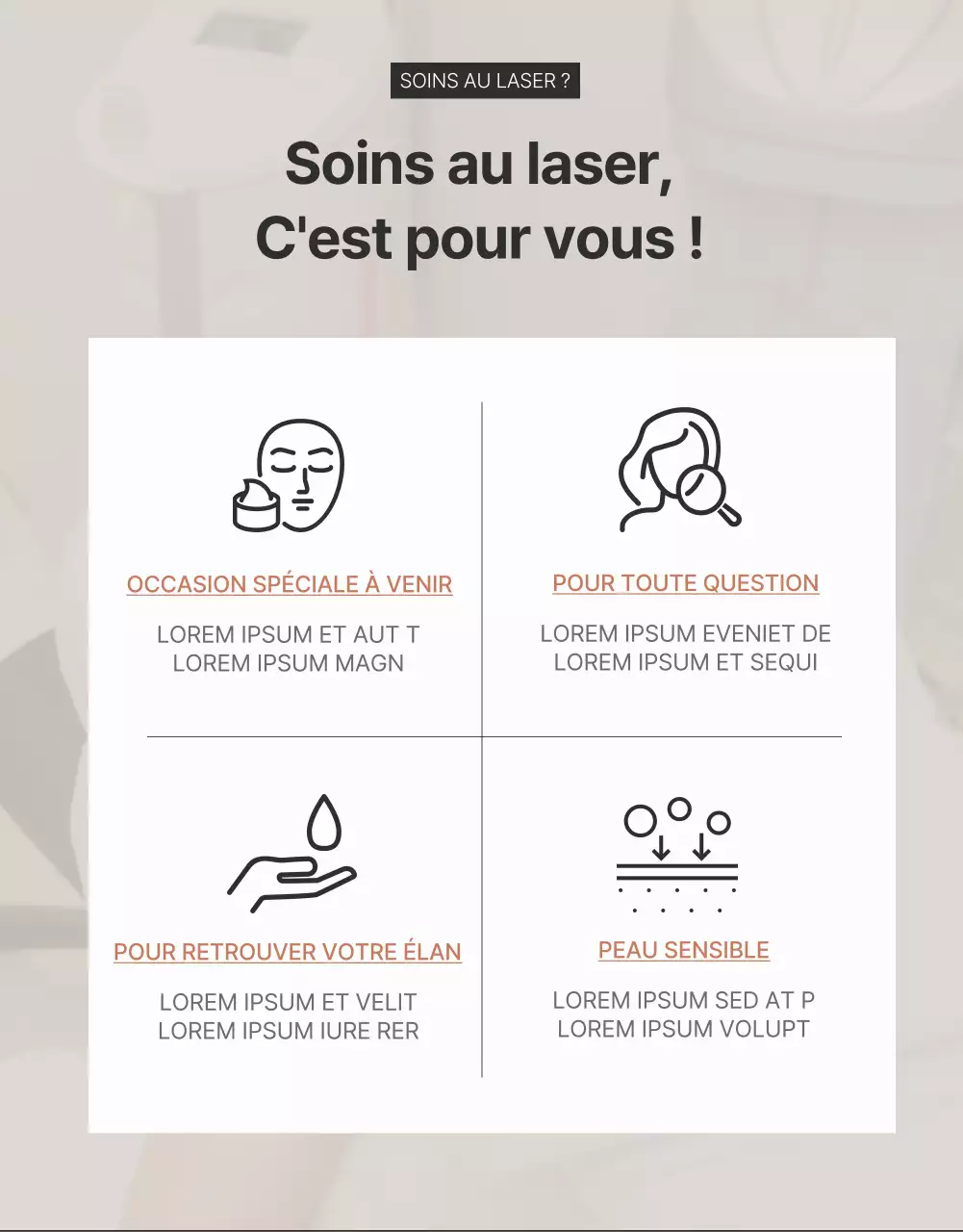 Publicité promouvant les procédures cosmétiques dermatologiques en brun et noir.