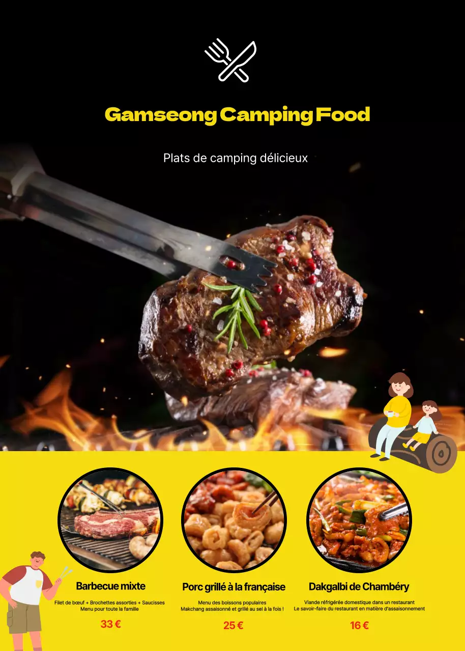 Présentation de la nourriture de camping moderne en noir et jaune