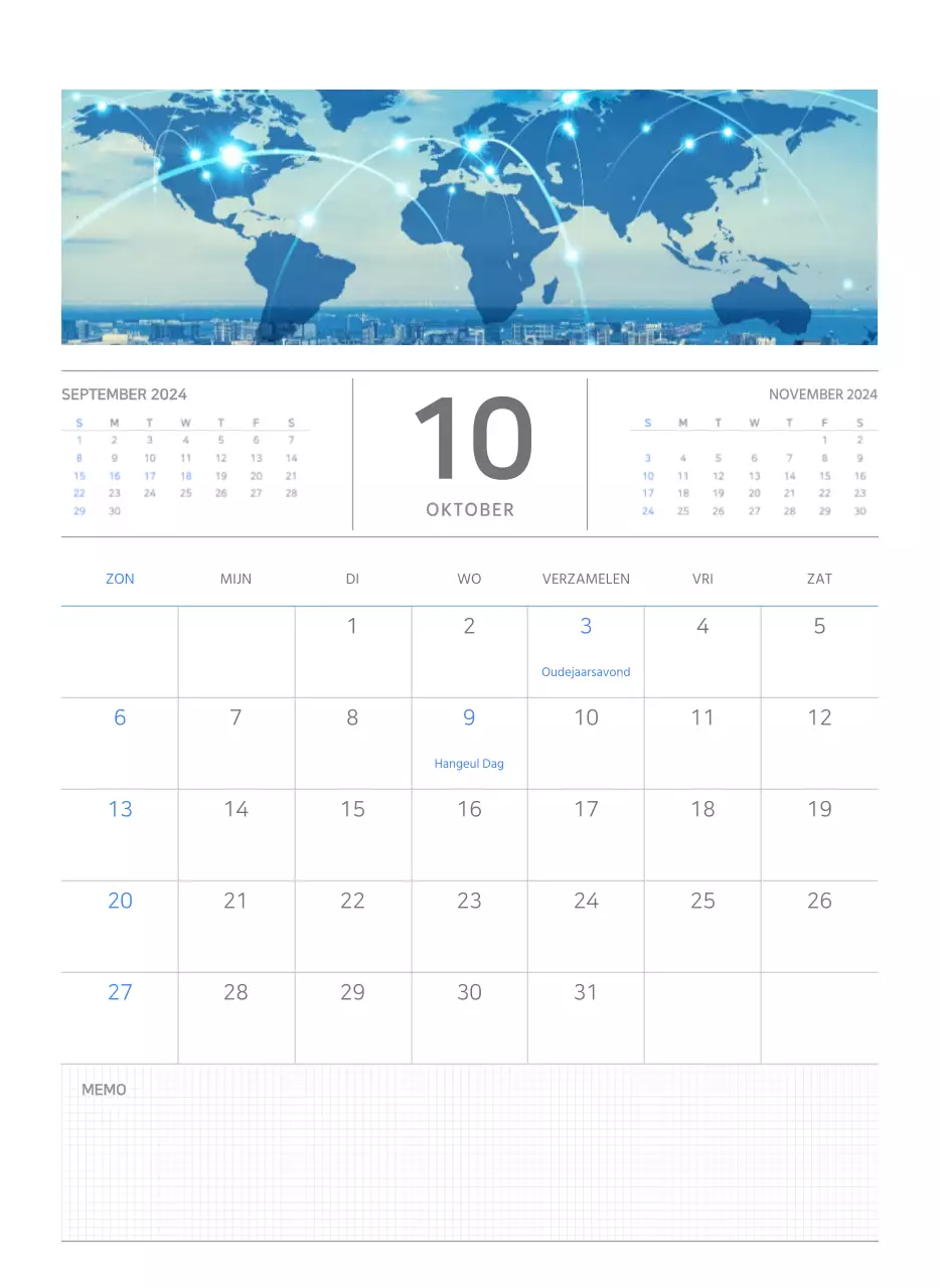 Eenvoudige zakelijke conceptmuurkalender in blauw en wit