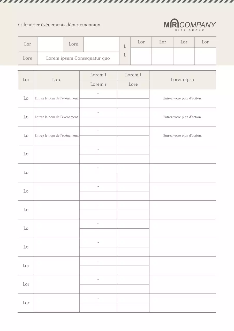 Un calendrier annuel d'événements départementaux simple et doux, de couleur beige.