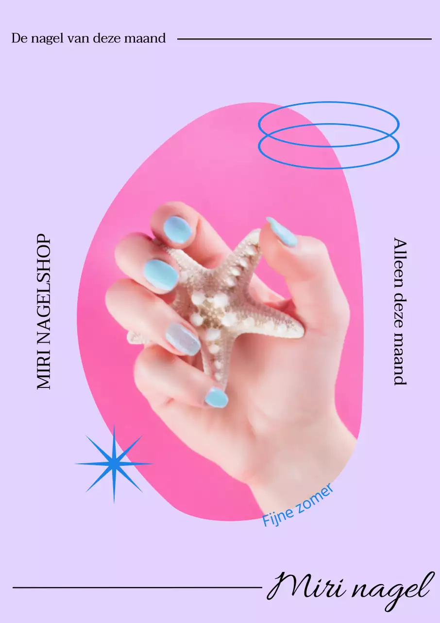 Nagel van de Maand poster met blauwe vormen op een paarse achtergrond