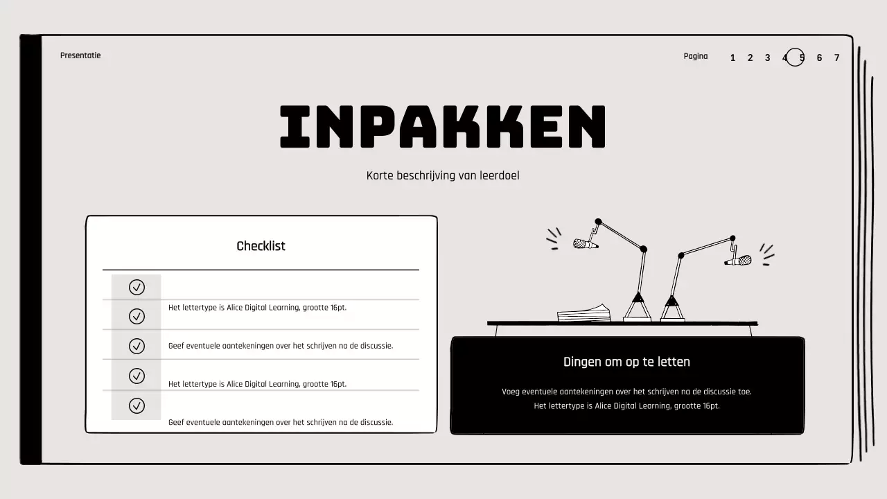 Boekbespreking in klaslokaal met illustraties van tekeningen in beige en zwart