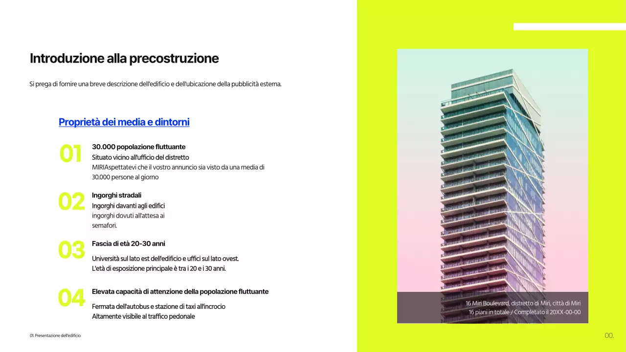 Proposta di cartellone pubblicitario per edifici di colore blu e lime