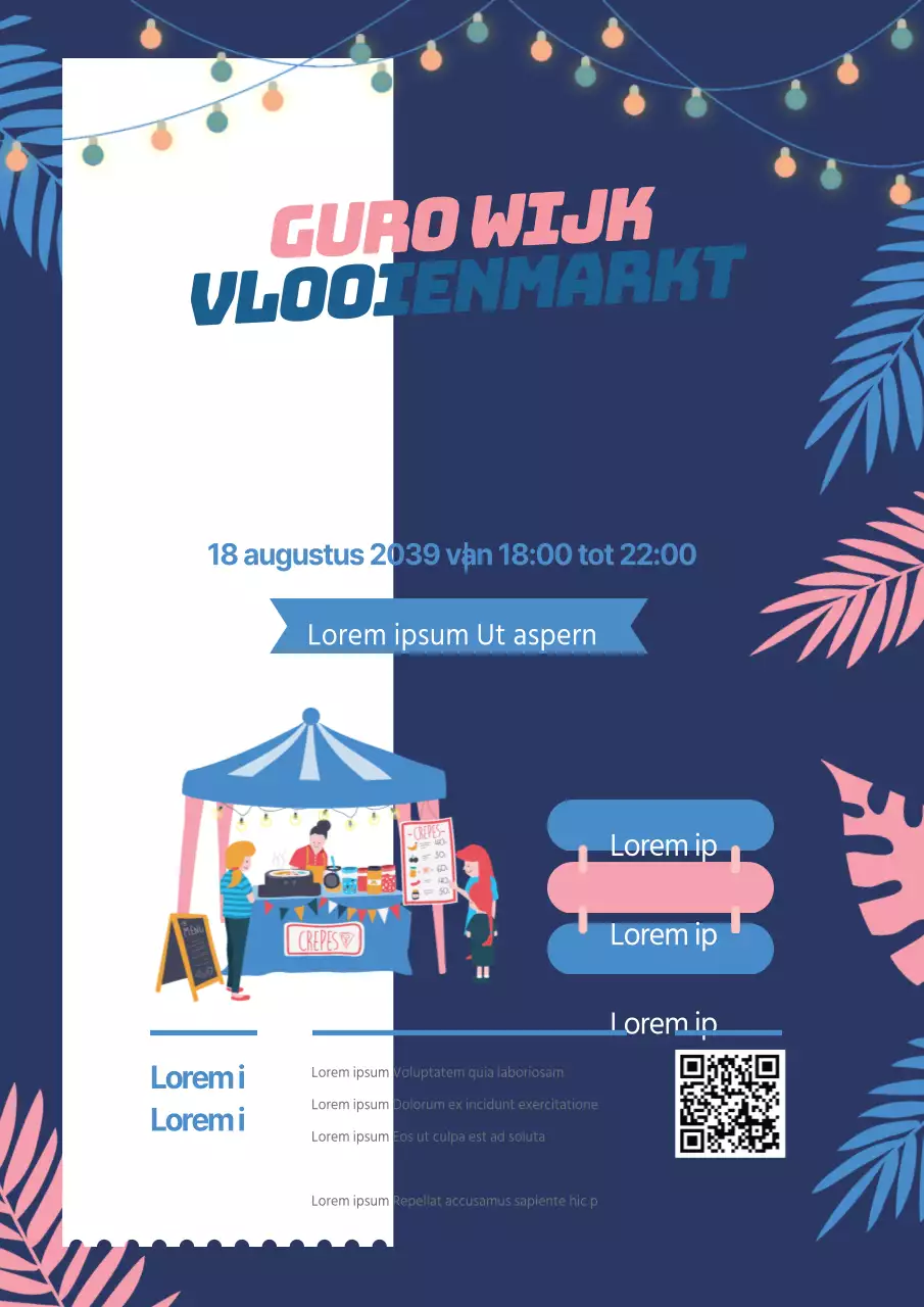 Promoot een rommelmarkt in marineblauw en roze met botanische bladillustraties