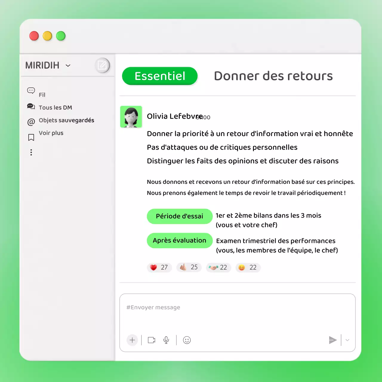 Retour d'information des entreprises sur un concept de fenêtre de chat interne vert fluo