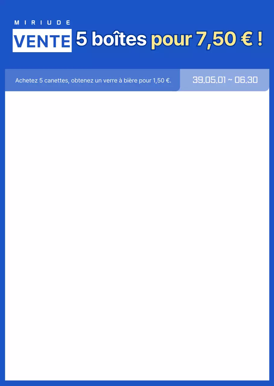 Annonce d'un événement de remise dans un magasin de proximité avec mise en évidence du texte dans une palette de couleurs simples bleu et jaune.