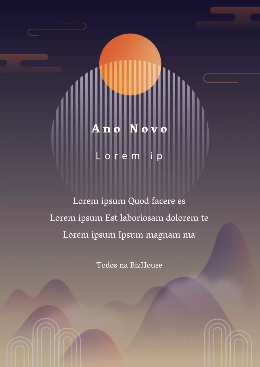 Saudações de Ano Novo com uma ilustração de paisagem oriental em laranja e roxo