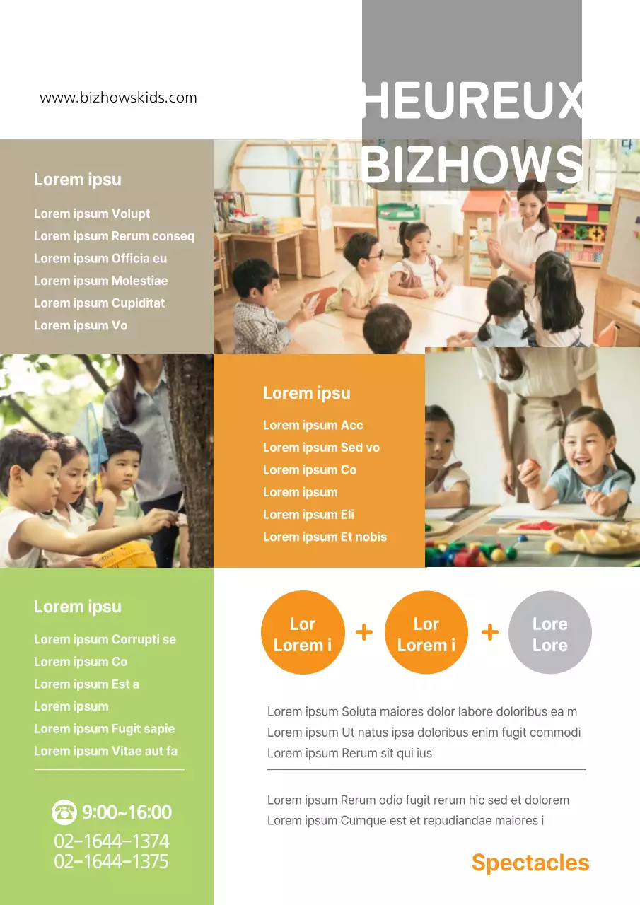 Décrivez et faites la promotion de votre crèche avec des photos d'enfants de couleur orange et verte.