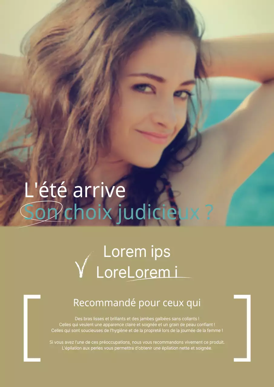 Faites la promotion de votre magasin d'épilation à la cire avec une photo dorée d'une femme sur la plage