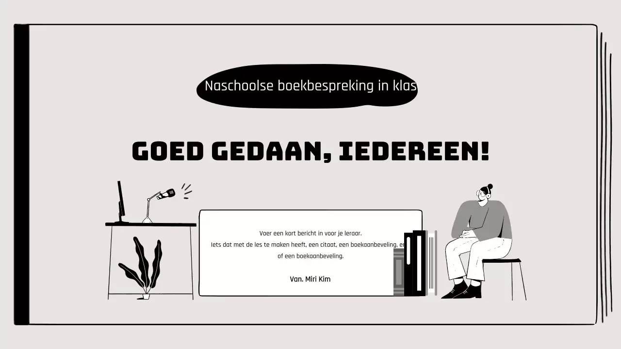 Boekbespreking in klaslokaal met illustraties van tekeningen in beige en zwart