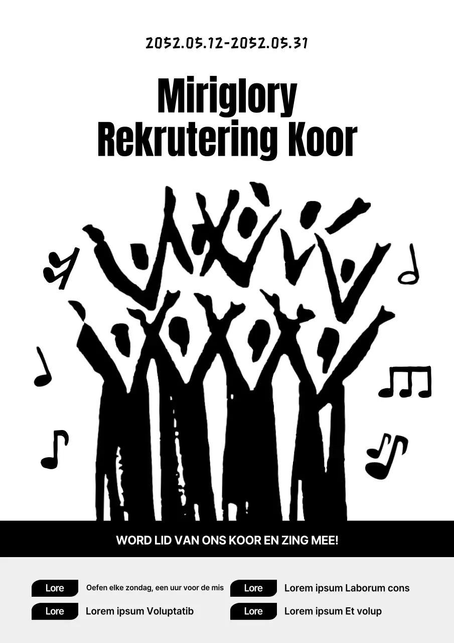 Een eenvoudige zwart-wit aankondiging voor de werving van een koor