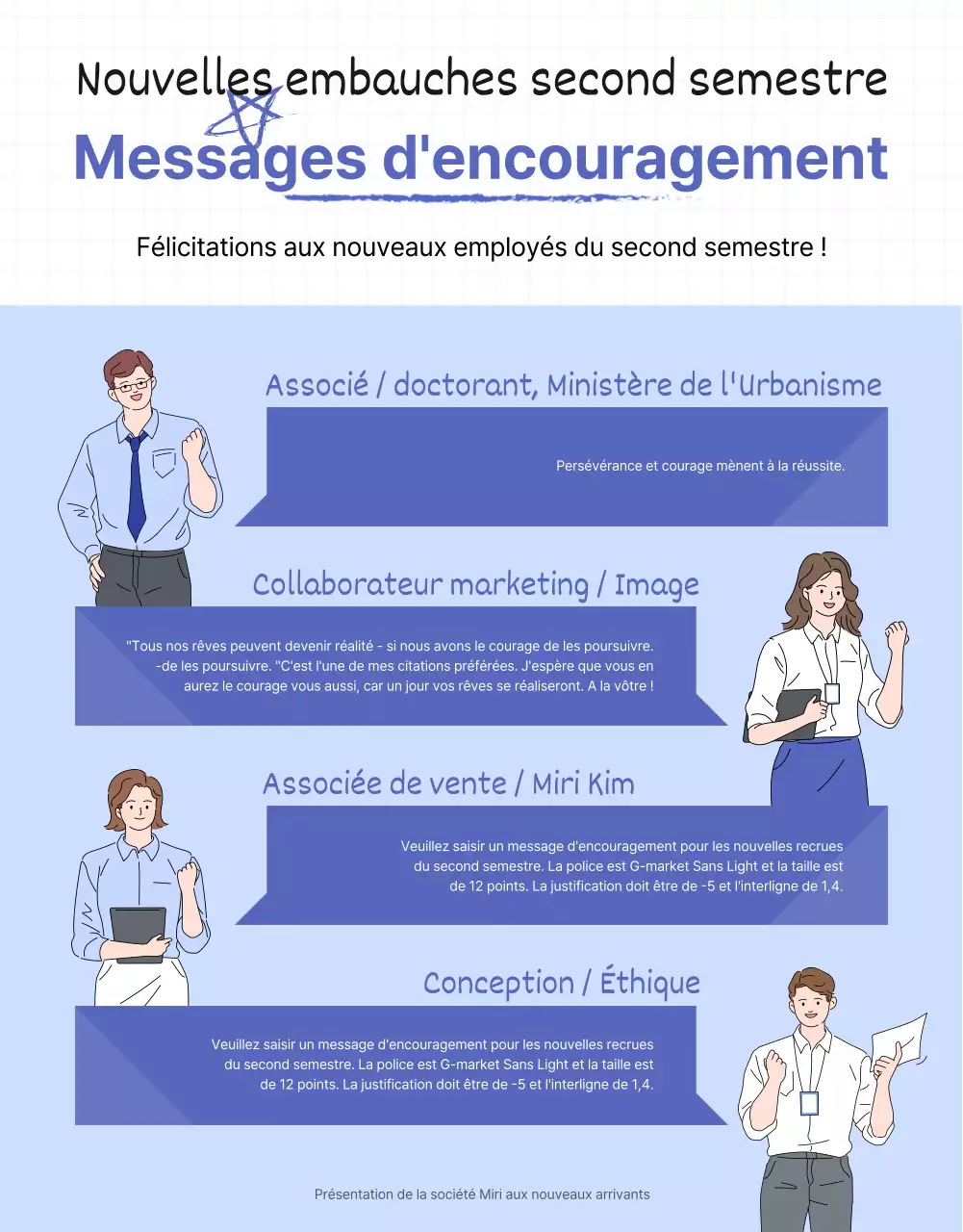 Une page de présentation de la nouvelle embauche propre et de couleur bleue