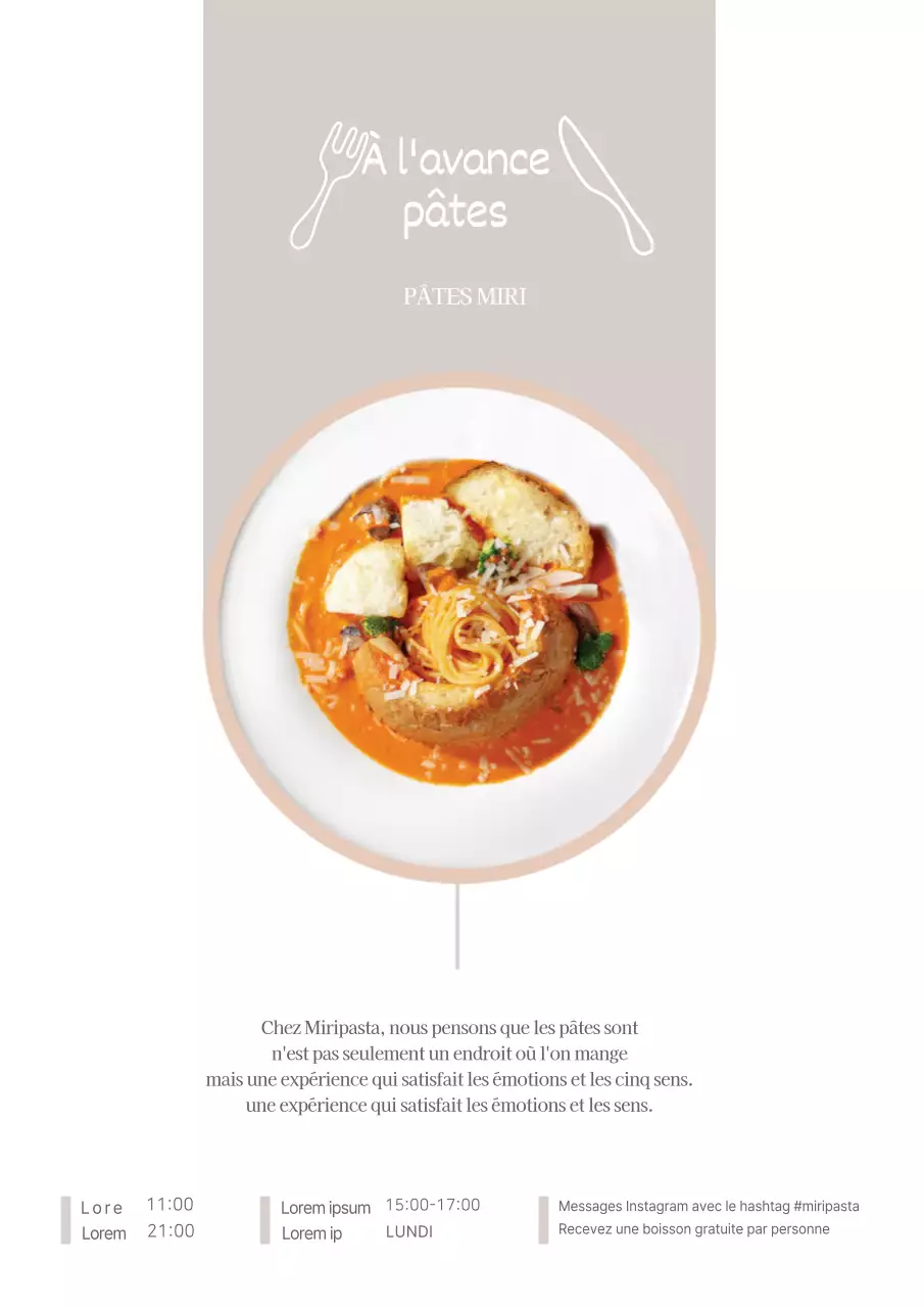 Prospectus simple et beige pour un restaurant de pâtes, recto-verso