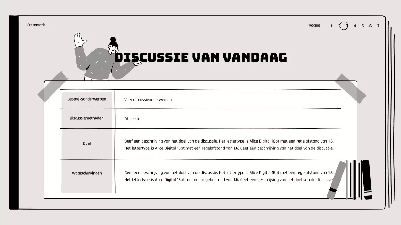 Boekbespreking in klaslokaal met illustraties van tekeningen in beige en zwart