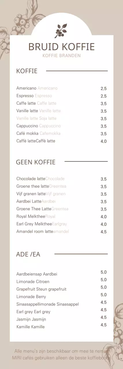 Cafe menubord banner met botanische illustratie in bruin