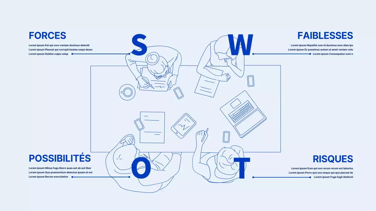 Infographie SWOT avec illustration de lignes bleues et bleues claires