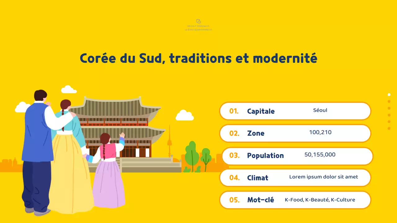 Guide de voyage illustré jaune et bleu pour la Corée du Sud